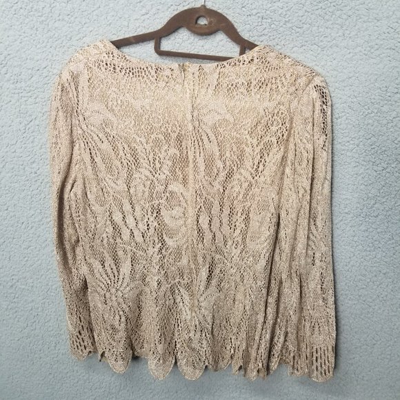 DAMIANOU Women's Made in the USA Gold Shimmer Lace Scalloped Blouse Top Size L - Picture 2 of 11